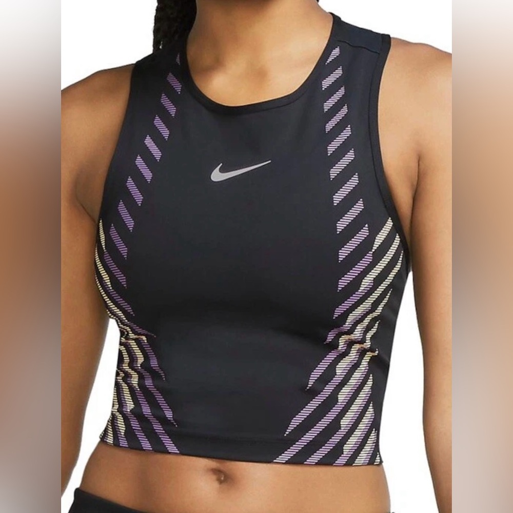 Nike Dri Fit Black with Purple Yellow Stripes Cropped Athletic Tank